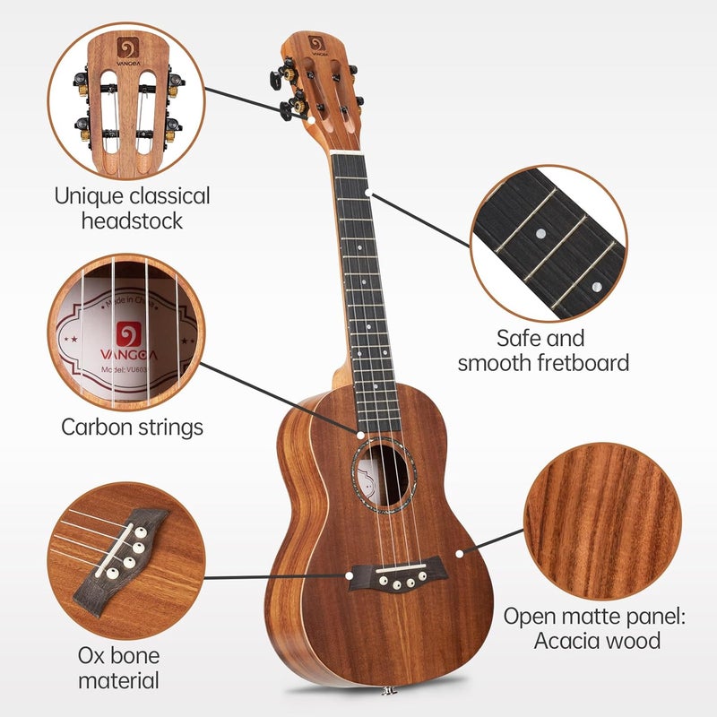 Vangoa Dark Concert Ukelele 23" Adult Beginner Set, KOA Acacia Ukelele Kit, Professional Acoustic Ukulele for Adults Kids, Hawaiian Uke Starter Kit, Ukulele 23 inch for Adults - Image 3